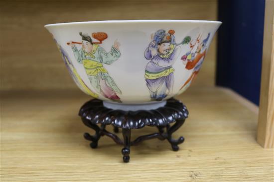 A Chinese famille rose bowl, Qianlong mark but early 20th century diameter 17.5cm, wood stand